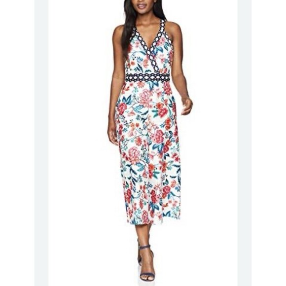 Eliza J Pants - Eliza J Jumpsuit Sz 10 Floral Wide Leg NEW White Crispy Crisscross Cottagecore